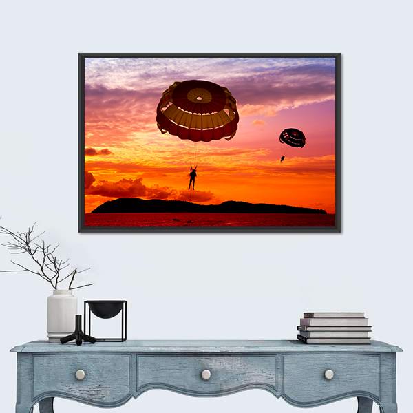 Silhouette Of A Para-Sailors At Sunset Canvas Wall Art-1 Piece-Floating Frame-24&quot; x 16&quot;-Tiaracle