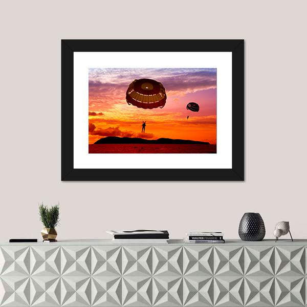 Silhouette Of A Para-Sailors At Sunset Canvas Wall Art-1 Piece-Framed Print-20&quot; x 16&quot;-Tiaracle