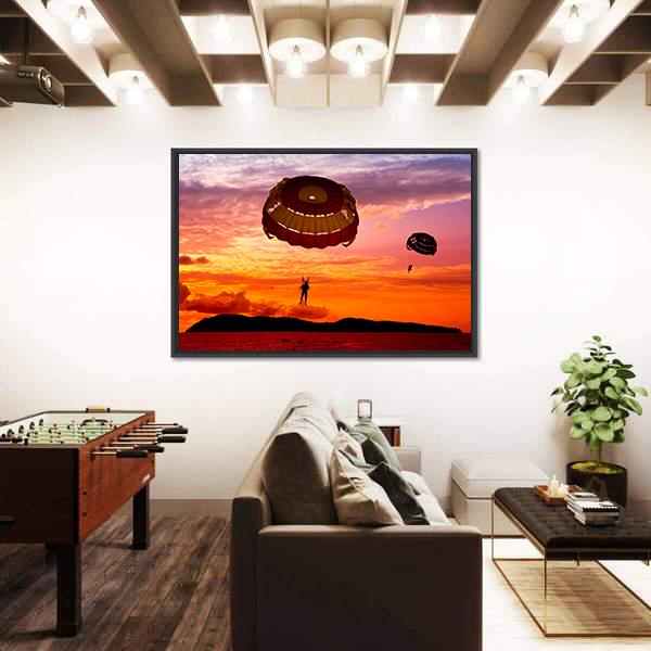 Silhouette Of A Para-Sailors At Sunset Canvas Wall Art-5 Horizontal-Gallery Wrap-22" x 12"-Tiaracle