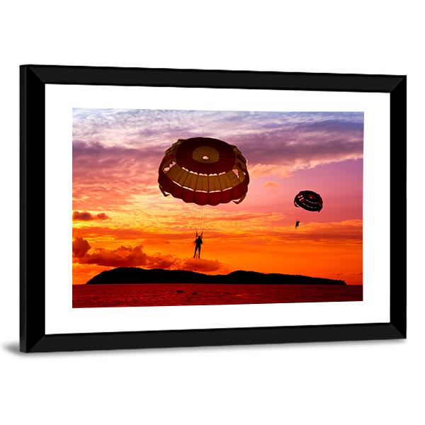 Silhouette Of A Para-Sailors At Sunset Canvas Wall Art-5 Horizontal-Gallery Wrap-22" x 12"-Tiaracle