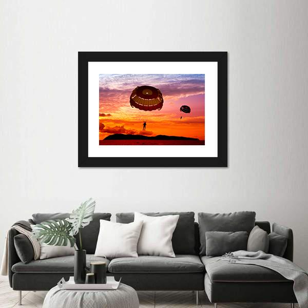 Silhouette Of A Para-Sailors At Sunset Canvas Wall Art-5 Horizontal-Gallery Wrap-22" x 12"-Tiaracle