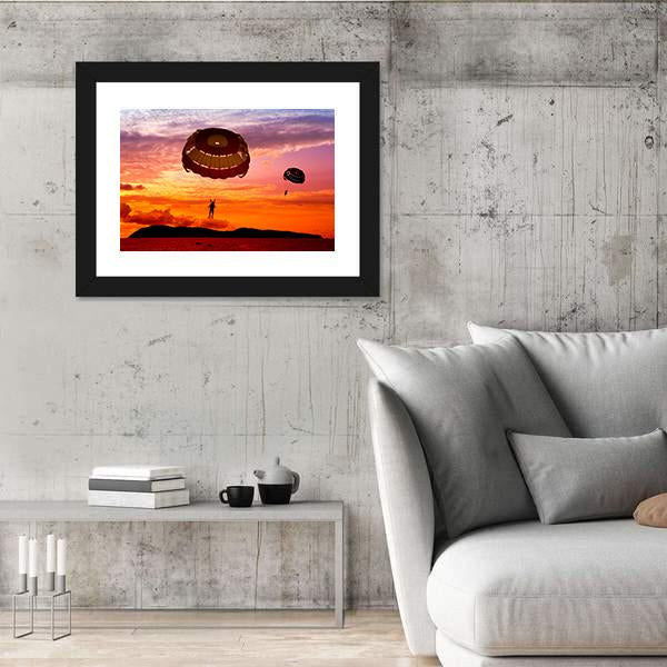 Silhouette Of A Para-Sailors At Sunset Canvas Wall Art-5 Horizontal-Gallery Wrap-22" x 12"-Tiaracle