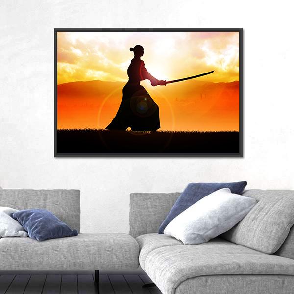 Silhouette Of A Samurai Posing At Sunset Canvas Wall Art-5 Horizontal-Gallery Wrap-22" x 12"-Tiaracle