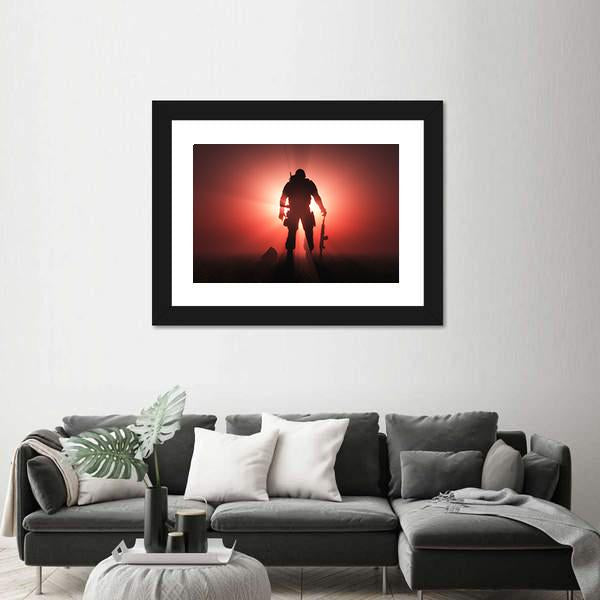 Silhouette Of A Soldier Canvas Wall Art-1 Piece-Framed Print-20" x 16"-Tiaracle