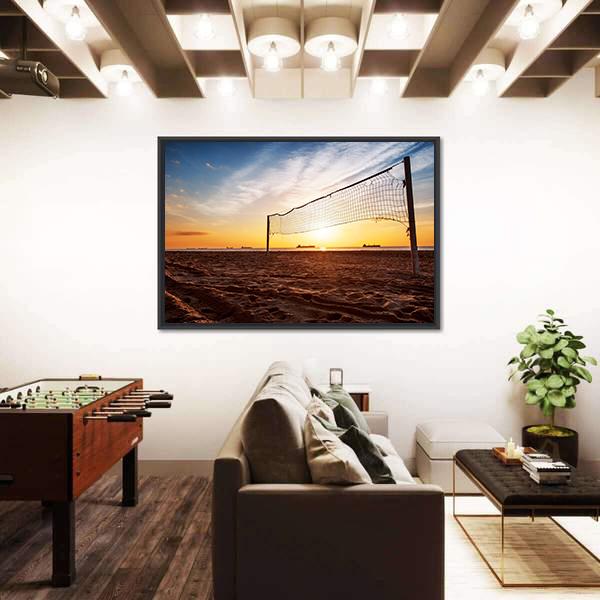Volleyball Net On The Beach At Sunset Canvas Wall Art-1 Piece-Floating Frame-24" x 16"-Tiaracle