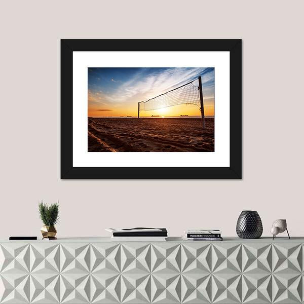 Volleyball Net On The Beach At Sunset Canvas Wall Art-1 Piece-Framed Print-20" x 16"-Tiaracle