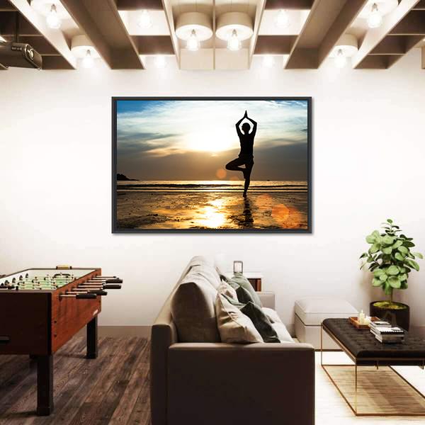 Woman Practicing Yoga On Beach Canvas Wall Art-1 Piece-Floating Frame-24" x 16"-Tiaracle