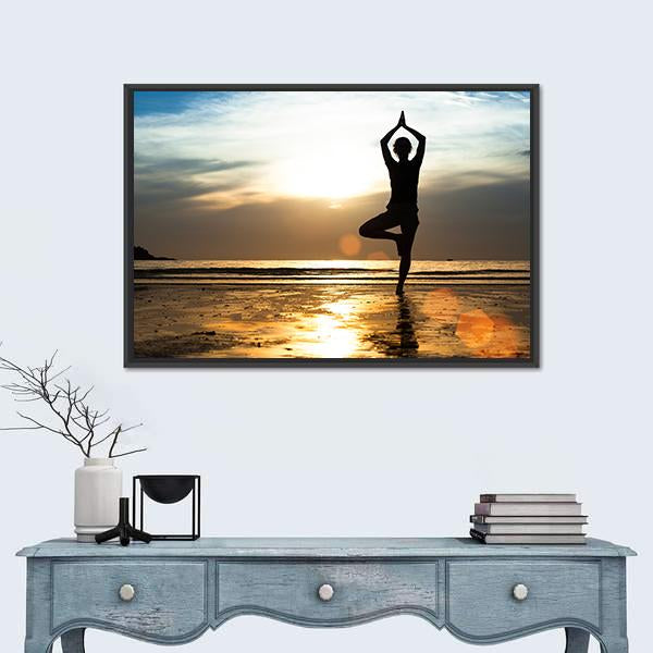Woman Practicing Yoga On Beach Canvas Wall Art-5 Horizontal-Gallery Wrap-22" x 12"-Tiaracle