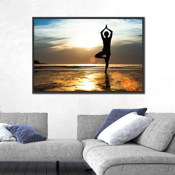 Woman Practicing Yoga On Beach Canvas Wall Art-5 Horizontal-Gallery Wrap-22" x 12"-Tiaracle