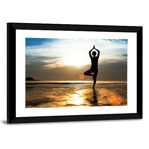 Woman Practicing Yoga On Beach Canvas Wall Art-5 Horizontal-Gallery Wrap-22" x 12"-Tiaracle