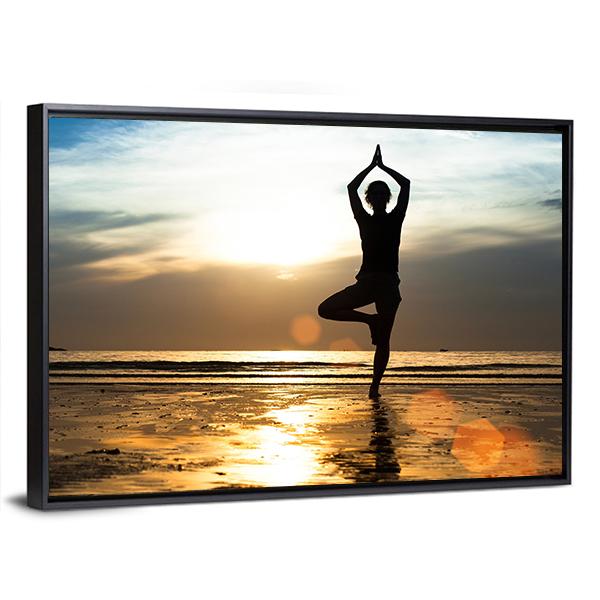 Woman Practicing Yoga On Beach Canvas Wall Art-5 Horizontal-Gallery Wrap-22" x 12"-Tiaracle