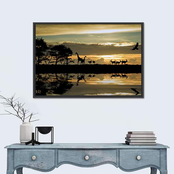 Silhouette Of Animals In Africa Canvas Wall Art-1 Piece-Floating Frame-24" x 16"-Tiaracle
