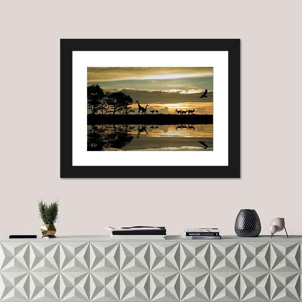 Silhouette Of Animals In Africa Canvas Wall Art-1 Piece-Framed Print-20" x 16"-Tiaracle