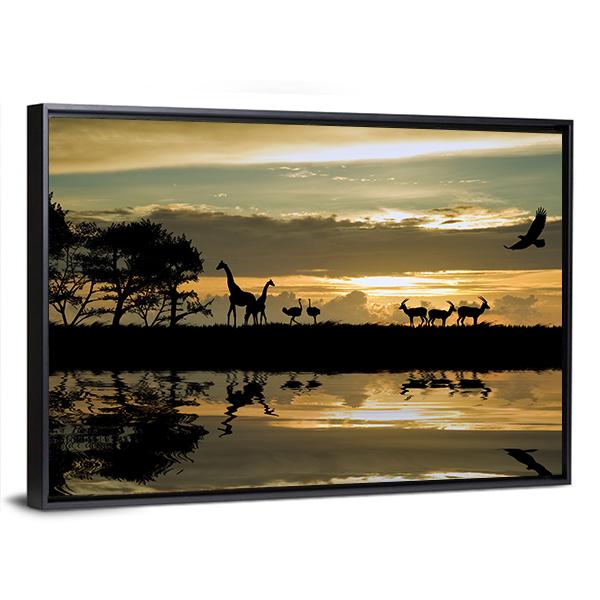 Silhouette Of Animals In Africa Canvas Wall Art-3 Horizontal-Gallery Wrap-25" x 16"-Tiaracle