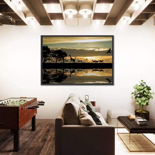 Silhouette Of Animals In Africa Canvas Wall Art-3 Horizontal-Gallery Wrap-25" x 16"-Tiaracle