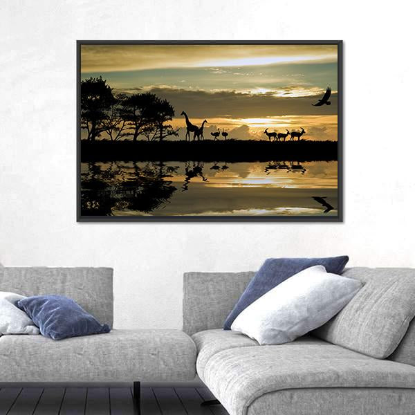 Silhouette Of Animals In Africa Canvas Wall Art-3 Horizontal-Gallery Wrap-25" x 16"-Tiaracle