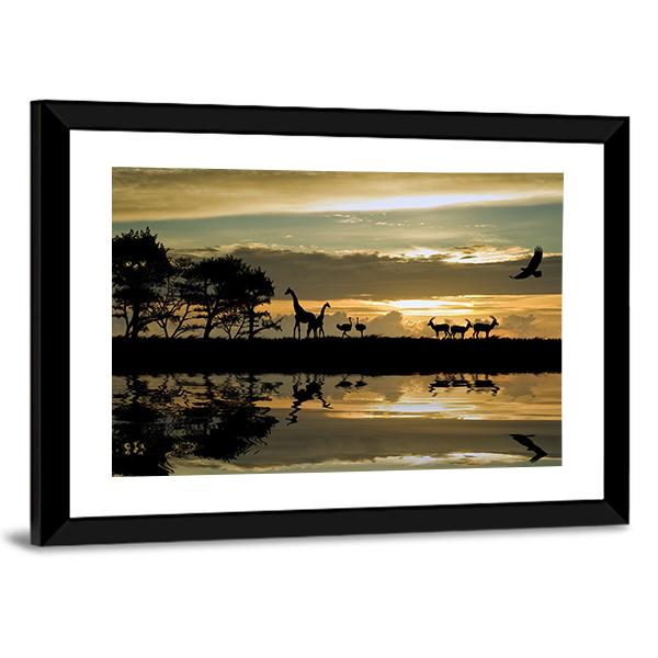 Silhouette Of Animals In Africa Canvas Wall Art-3 Horizontal-Gallery Wrap-25" x 16"-Tiaracle