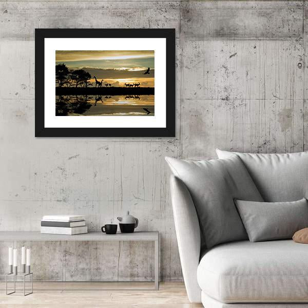Silhouette Of Animals In Africa Canvas Wall Art-3 Horizontal-Gallery Wrap-25" x 16"-Tiaracle