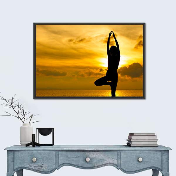 Silhouette Of Beautiful Yoga Woman In Morning Canvas Wall Art-1 Piece-Floating Frame-24&quot; x 16&quot;-Tiaracle