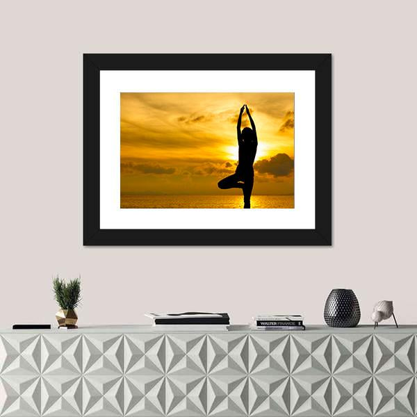Silhouette Of Beautiful Yoga Woman In Morning Canvas Wall Art-1 Piece-Framed Print-20&quot; x 16&quot;-Tiaracle