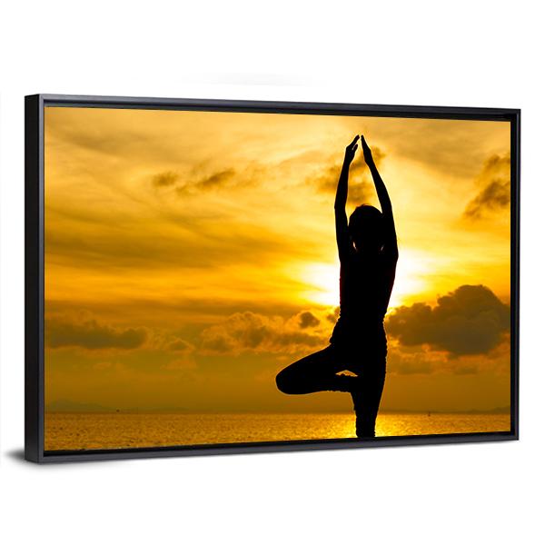 Silhouette Of Beautiful Yoga Woman In Morning Canvas Wall Art-3 Horizontal-Gallery Wrap-25&quot; x 16&quot;-Tiaracle