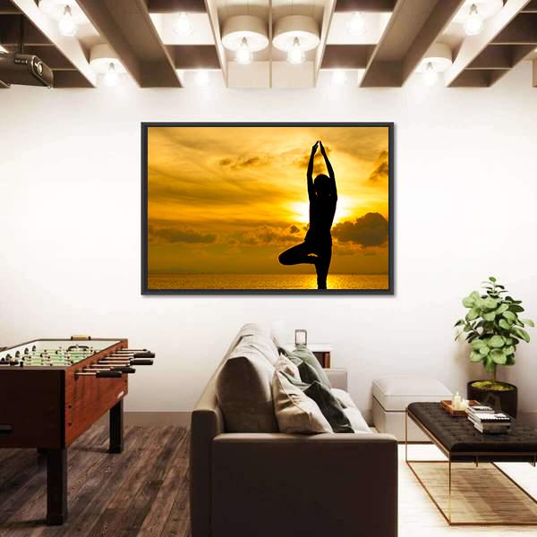 Silhouette Of Beautiful Yoga Woman In Morning Canvas Wall Art-3 Horizontal-Gallery Wrap-25&quot; x 16&quot;-Tiaracle