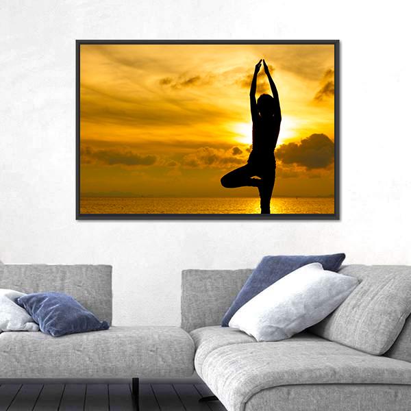 Silhouette Of Beautiful Yoga Woman In Morning Canvas Wall Art-3 Horizontal-Gallery Wrap-25&quot; x 16&quot;-Tiaracle