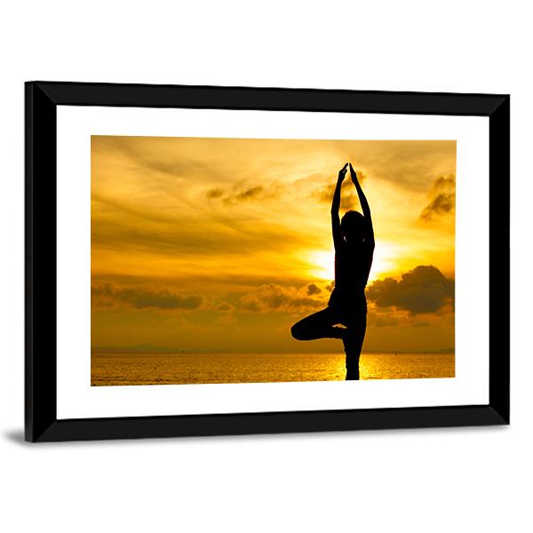 Silhouette Of Beautiful Yoga Woman In Morning Canvas Wall Art-3 Horizontal-Gallery Wrap-25&quot; x 16&quot;-Tiaracle