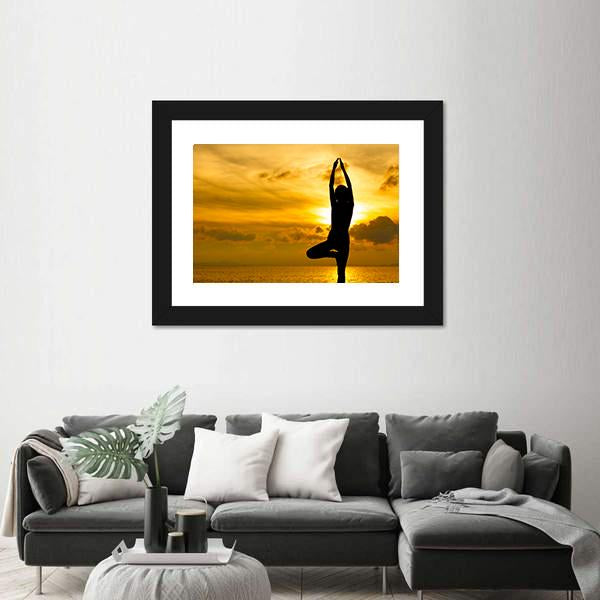 Silhouette Of Beautiful Yoga Woman In Morning Canvas Wall Art-3 Horizontal-Gallery Wrap-25&quot; x 16&quot;-Tiaracle