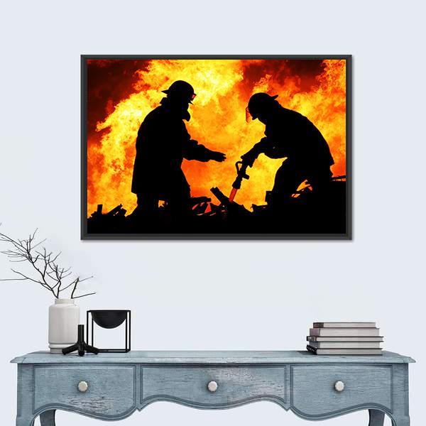Silhouette Of Firemen Canvas Wall Art-1 Piece-Floating Frame-24" x 16"-Tiaracle