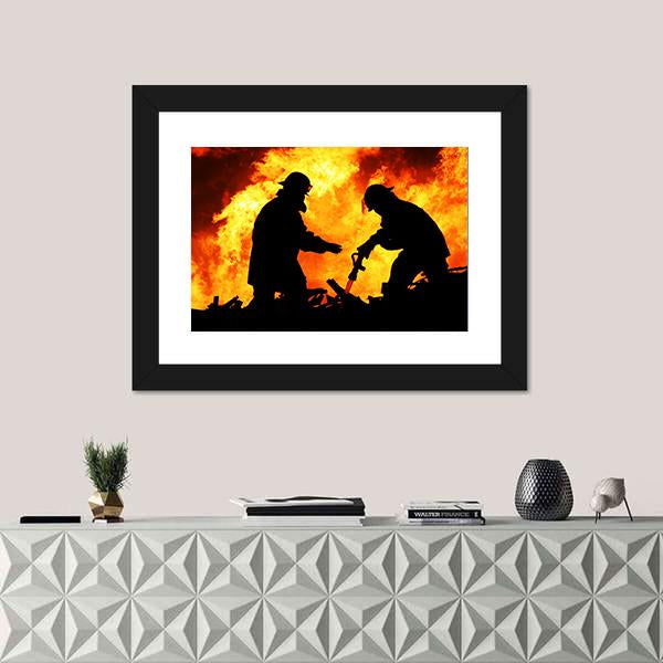 Silhouette Of Firemen Canvas Wall Art-1 Piece-Framed Print-20" x 16"-Tiaracle
