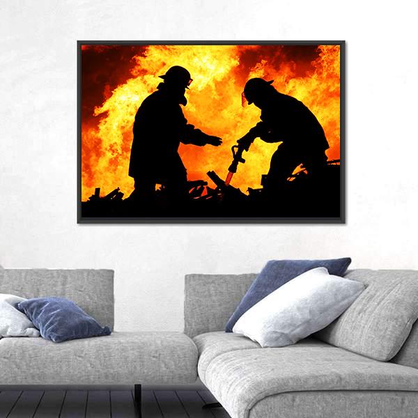 Silhouette Of Firemen Canvas Wall Art-5 Horizontal-Gallery Wrap-22" x 12"-Tiaracle