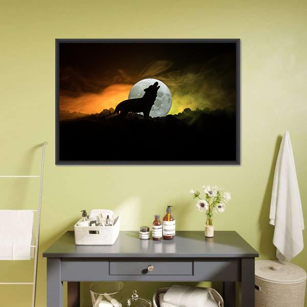 Silhouette Of Howling Wolf Canvas Wall Art-1 Piece-Floating Frame-24&quot; x 16&quot;-Tiaracle