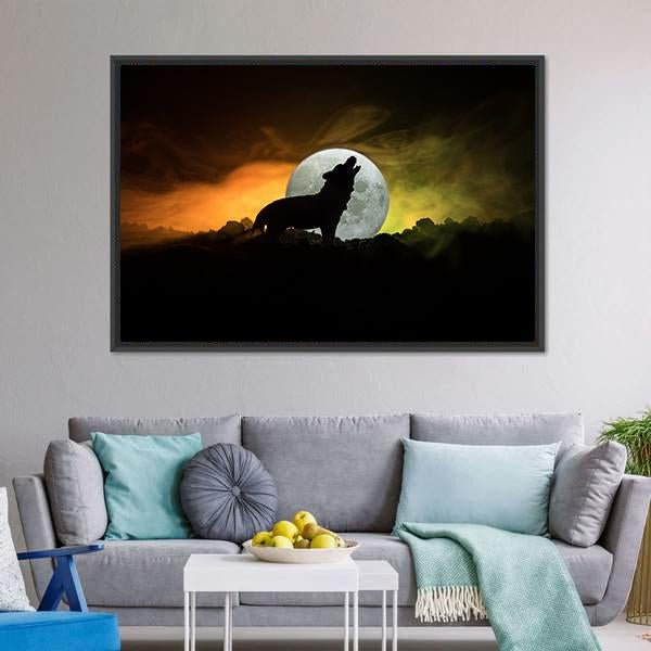 Silhouette Of Howling Wolf Canvas Wall Art-5 Horizontal-Gallery Wrap-22&quot; x 12&quot;-Tiaracle