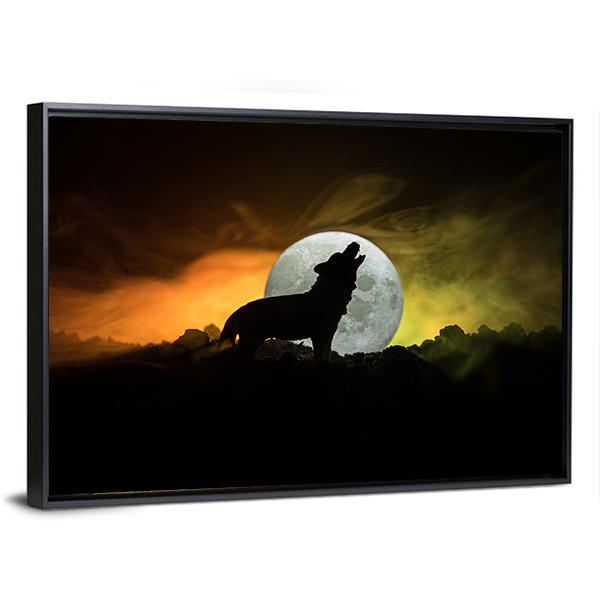Silhouette Of Howling Wolf Canvas Wall Art-5 Horizontal-Gallery Wrap-22&quot; x 12&quot;-Tiaracle