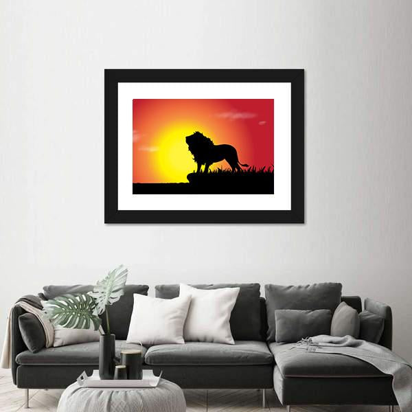 Silhouette Of Lion At Sunset Canvas Wall Art-1 Piece-Framed Print-42" x 14"-Tiaracle