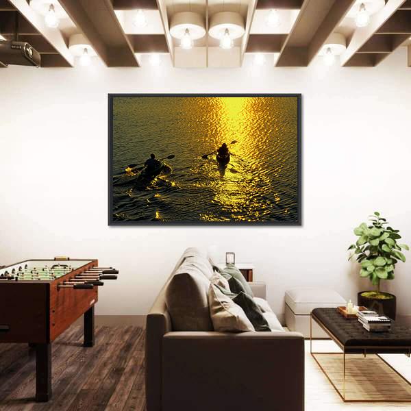 Silhouette Of Man And Woman Kayaking On A Lake At Sunset Canvas Wall Art-1 Piece-Floating Frame-24" x 16"-Tiaracle