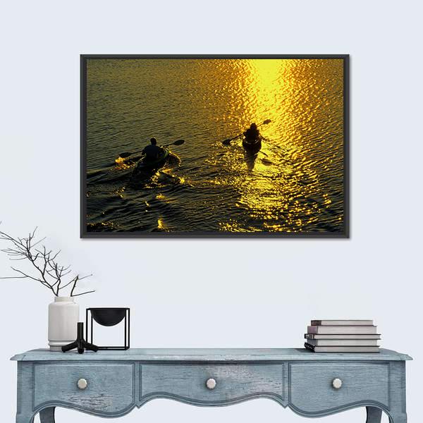 Silhouette Of Man And Woman Kayaking On A Lake At Sunset Canvas Wall Art-5 Horizontal-Gallery Wrap-22" x 12"-Tiaracle