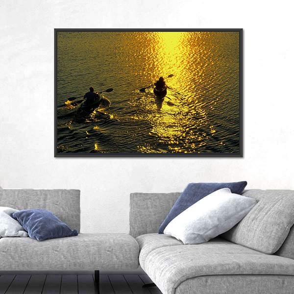 Silhouette Of Man And Woman Kayaking On A Lake At Sunset Canvas Wall Art-5 Horizontal-Gallery Wrap-22" x 12"-Tiaracle