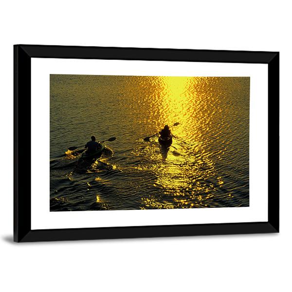 Silhouette Of Man And Woman Kayaking On A Lake At Sunset Canvas Wall Art-5 Horizontal-Gallery Wrap-22" x 12"-Tiaracle