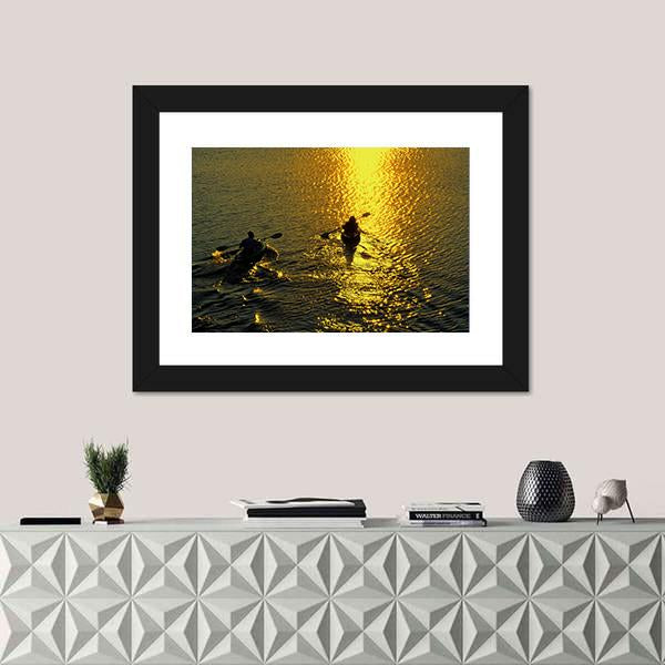 Silhouette Of Man And Woman Kayaking On A Lake At Sunset Canvas Wall Art-5 Horizontal-Gallery Wrap-22" x 12"-Tiaracle