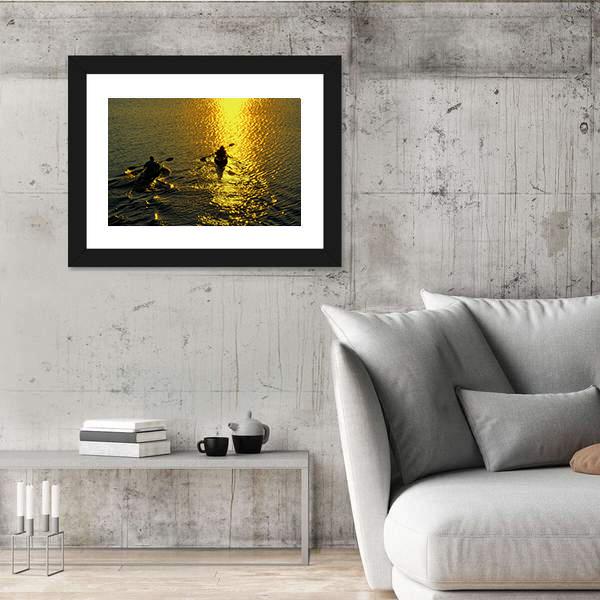 Silhouette Of Man And Woman Kayaking On A Lake At Sunset Canvas Wall Art-5 Horizontal-Gallery Wrap-22" x 12"-Tiaracle