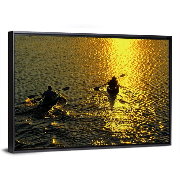 Silhouette Of Man And Woman Kayaking On A Lake At Sunset Canvas Wall Art-5 Horizontal-Gallery Wrap-22" x 12"-Tiaracle
