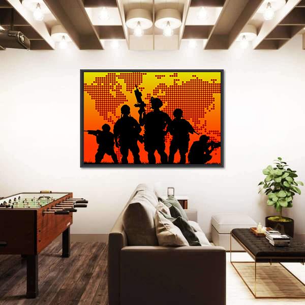 Silhouette Of Military Soldiers Canvas Wall Art-1 Piece-Floating Frame-24" x 16"-Tiaracle