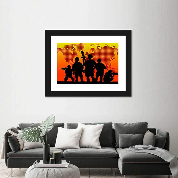 Silhouette Of Military Soldiers Canvas Wall Art-1 Piece-Framed Print-20" x 16"-Tiaracle