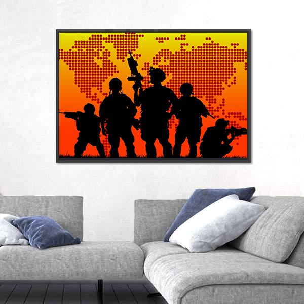 Silhouette Of Military Soldiers Canvas Wall Art-5 Horizontal-Gallery Wrap-22" x 12"-Tiaracle