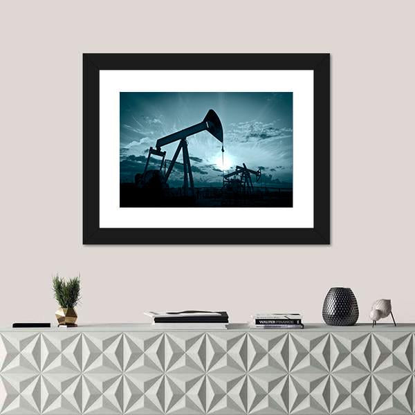 Silhouette Of Oil Pumps On A Sunset Canvas Wall Art-1 Piece-Framed Print-20" x 16"-Tiaracle