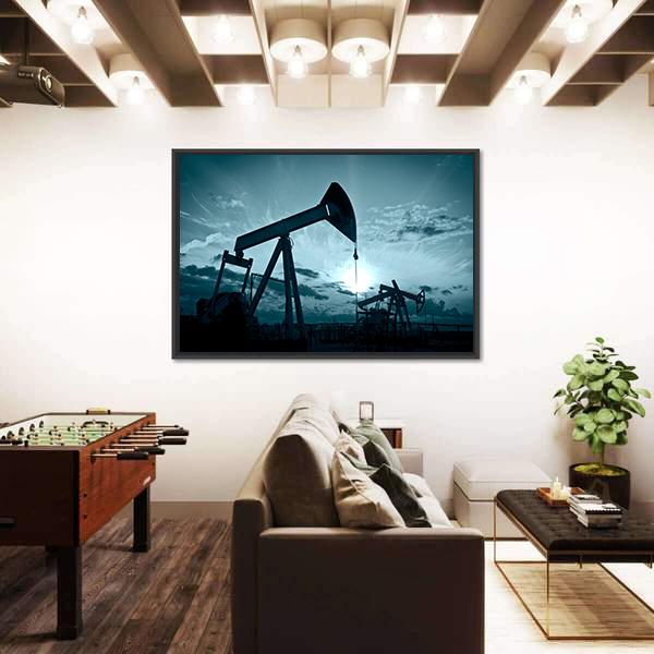 Silhouette Of Oil Pumps On A Sunset Canvas Wall Art-5 Horizontal-Gallery Wrap-22" x 12"-Tiaracle