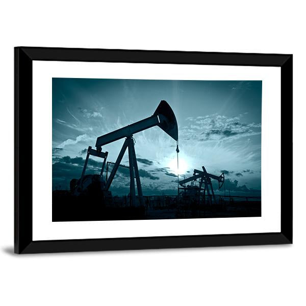 Silhouette Of Oil Pumps On A Sunset Canvas Wall Art-5 Horizontal-Gallery Wrap-22" x 12"-Tiaracle