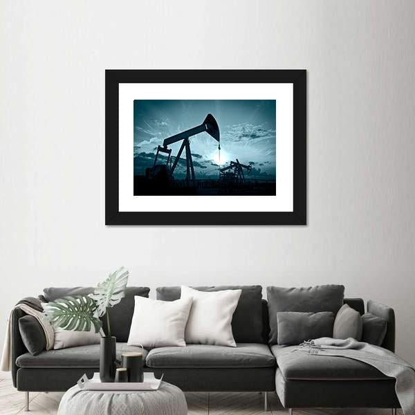 Silhouette Of Oil Pumps On A Sunset Canvas Wall Art-5 Horizontal-Gallery Wrap-22" x 12"-Tiaracle